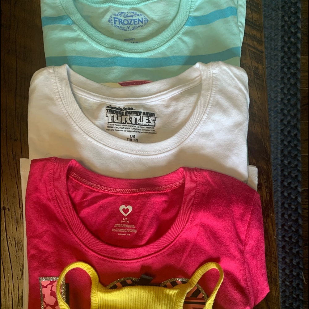 NEW ..SIZE 10/12 Frozen shirt, Love shirt, Ninja shirt, and yellow tank top. $15